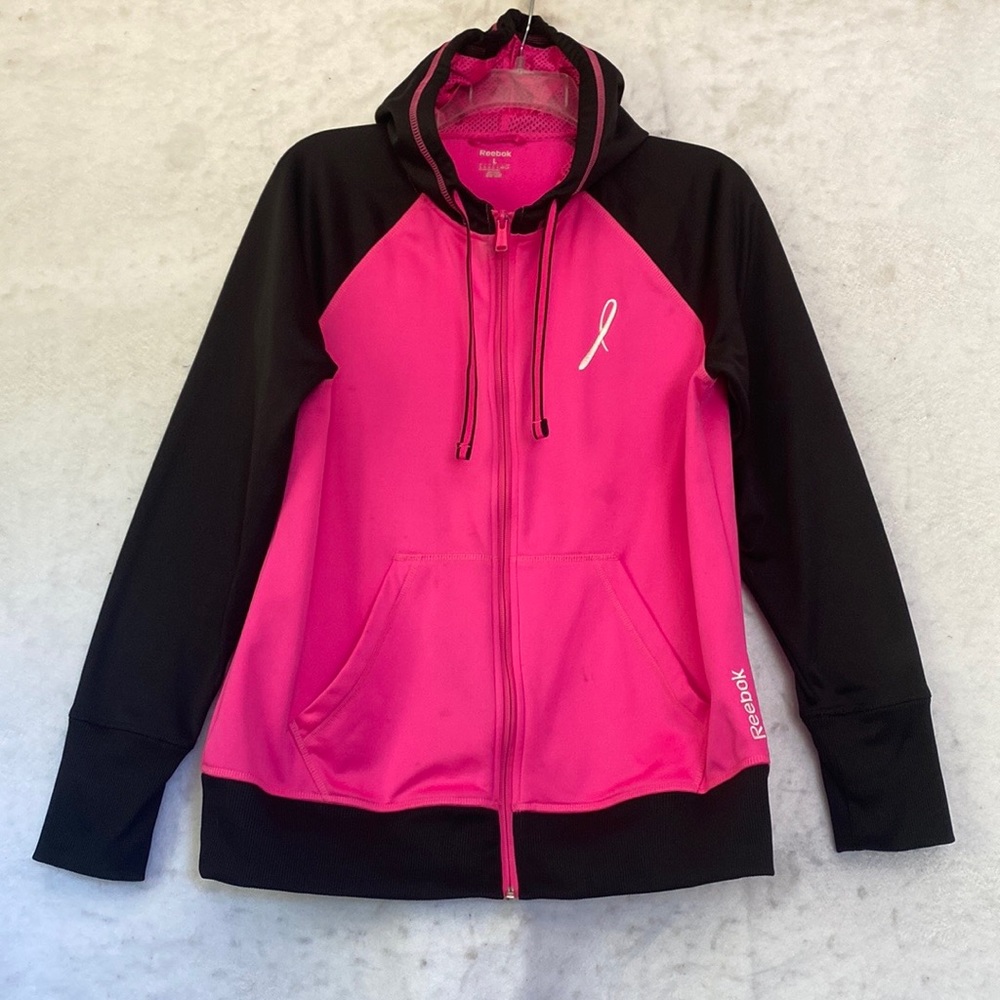 Reebok Play Warm Pink & Black Zip Hoodie Breast Cancer Awareness Fleece Lined LG